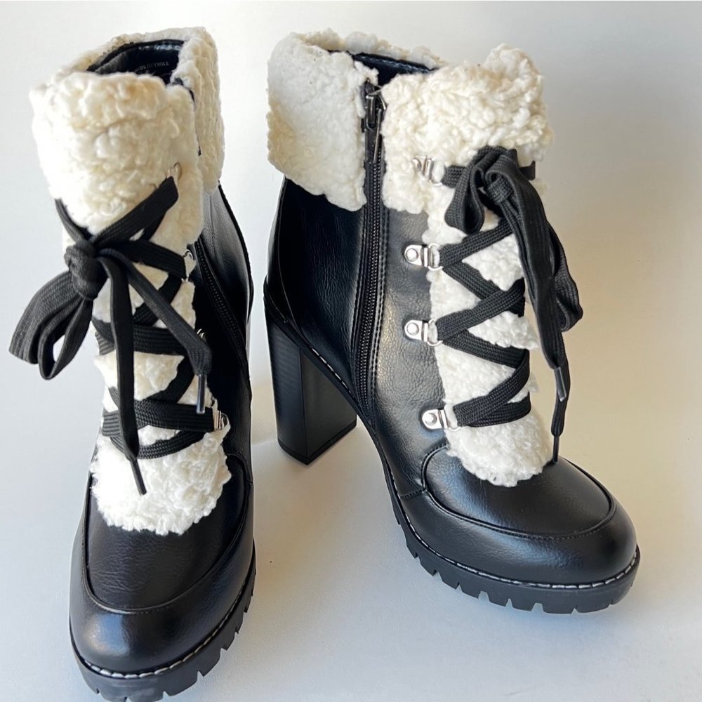 BCGeneration Black Fur booties Chunky Heel Women Boots Size 8 - Picture 12 of 12